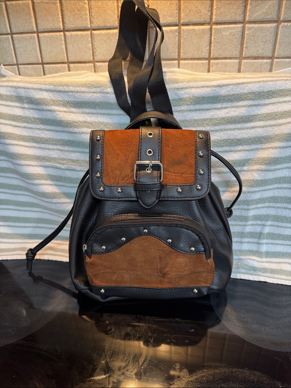 Vaan & Co Black and Brown Leatherette Ladies Backpack - Stylish Stud Detail